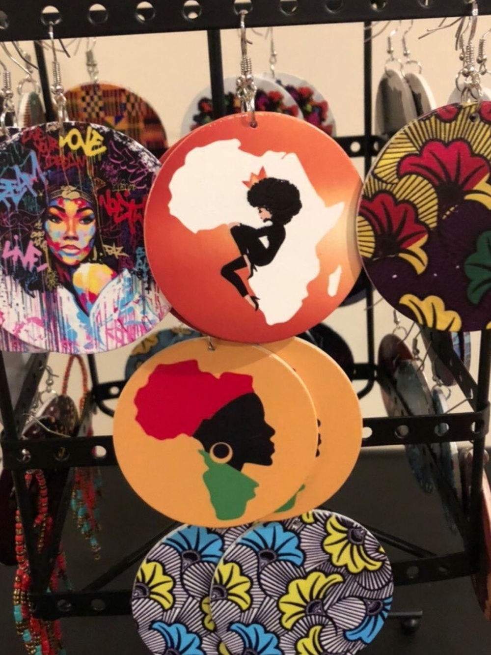 Bold Afrocentric Wooden Disc Earrings in Orange, Yellow, Red & Green